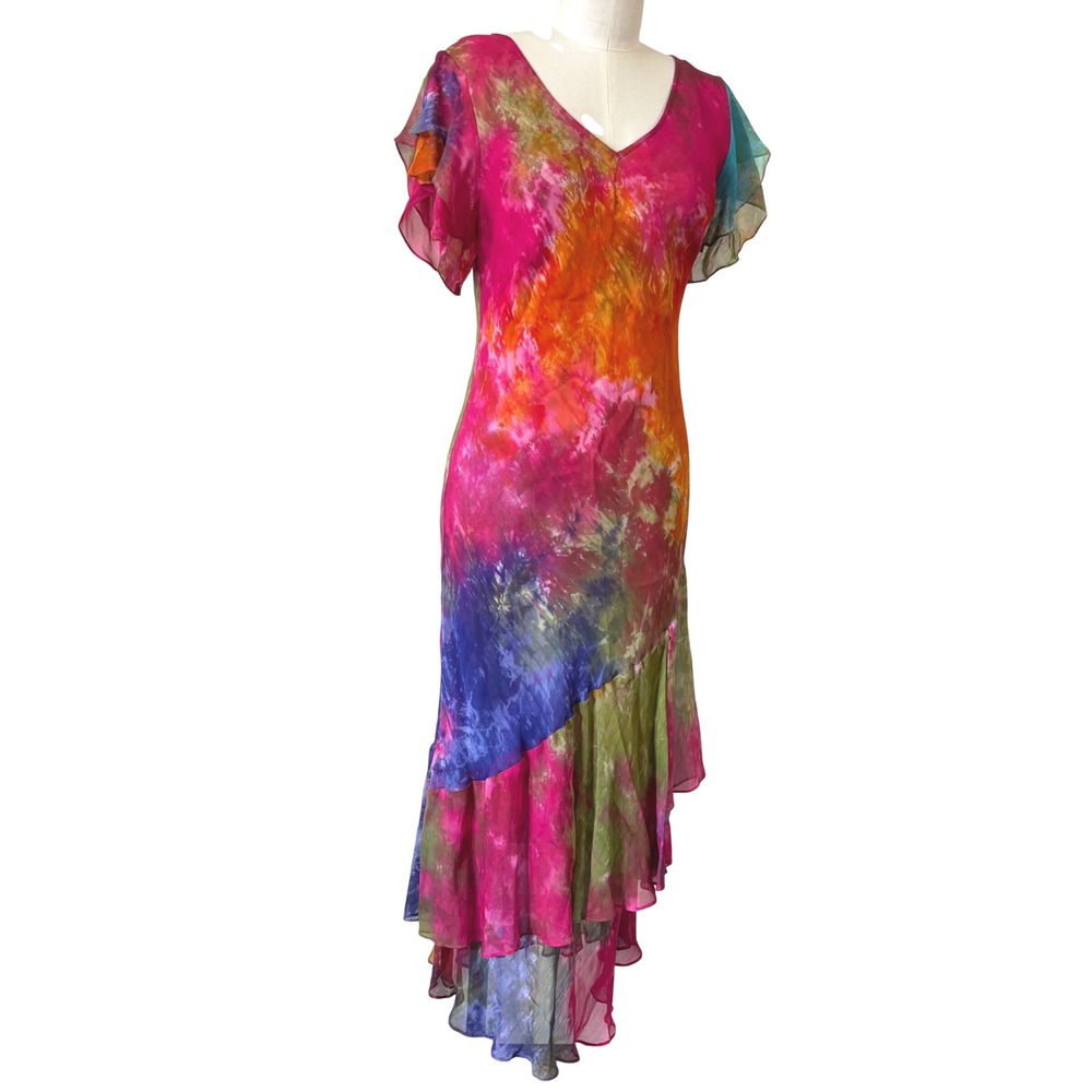 Vtg Phool Bright Rainbow Maxi Occasion Dress M/L Flutter Sleeve Rayon
